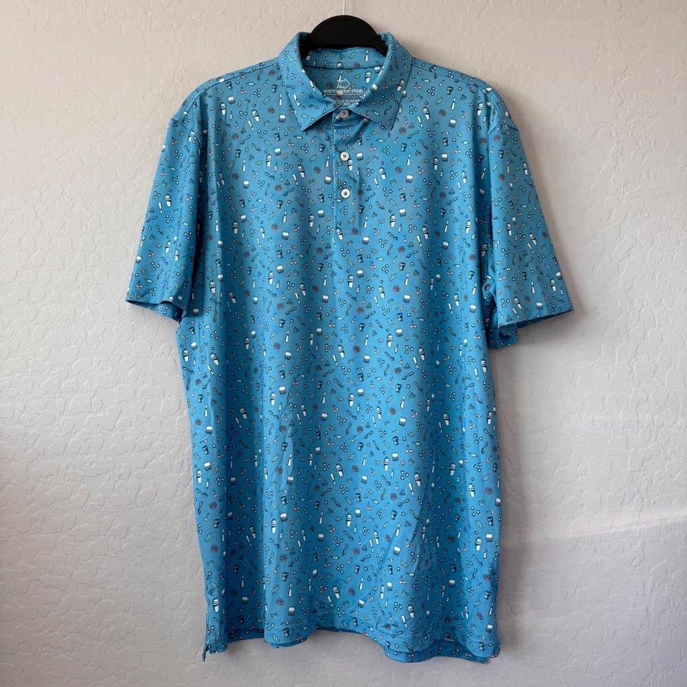 Southern Tide Polo Shirt Mens L Blue Cocktail Print Short Sleeve